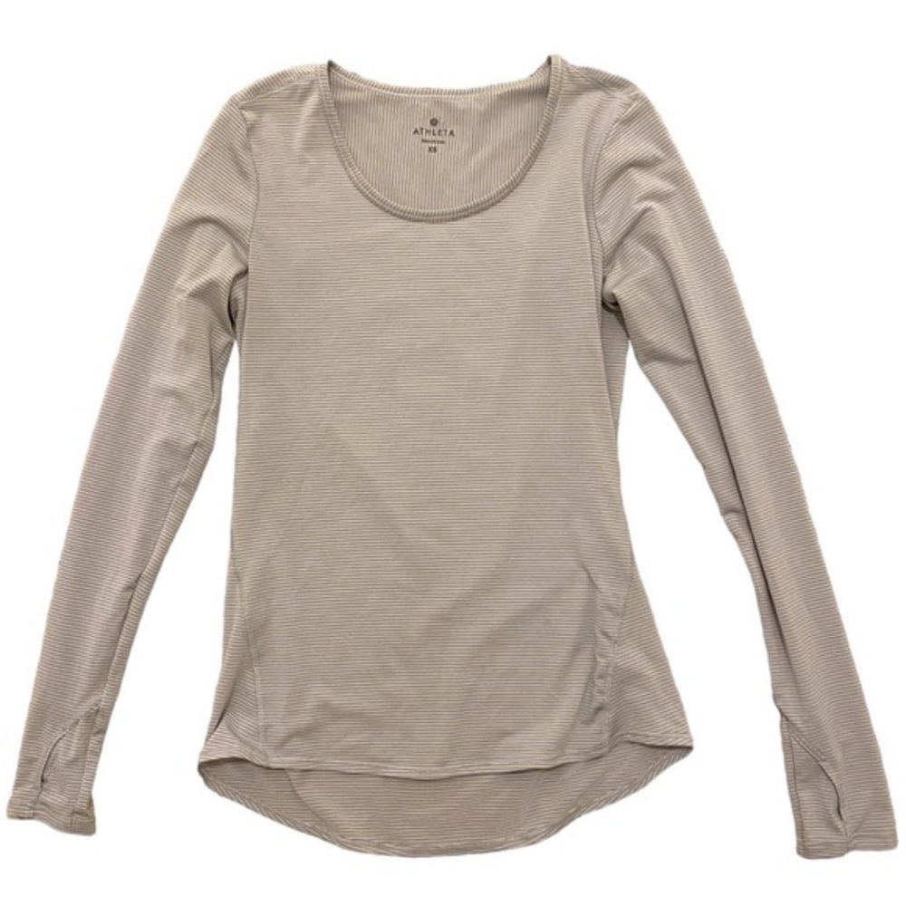 ATHLETA XS Gray & White Chi Striped Longsleeve Thumb Holes Athleisure
